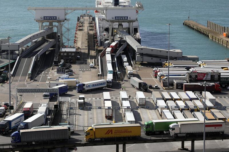 DOVER, ENGLAND - APRIL 26:  Lorries arrive and depart from Dover Ferry Terminal on April 26, 2018 in Dover, England. After speeking to a parliamentary committee of lawmakers, UK Brexit Minister David Davis has suggested that the likelihood of an agreement on a future 'free trade' agreement with the European Union after Brexit is 'overwhelmingly probable'.  (Photo by Dan Kitwood/Getty Images)