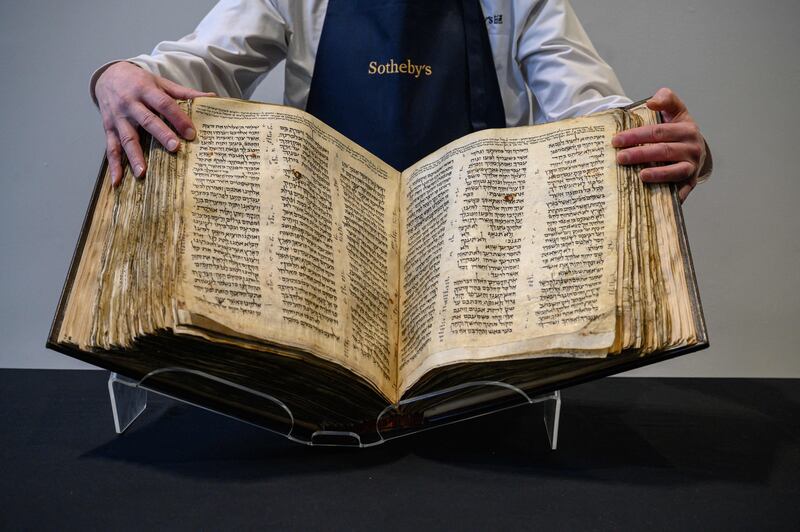 The 'Codex Sassoon' bible, which is up for auction at Sotheby's in New York. The earliest and most complete Hebrew Bible yet discovered could fetch up to $50 million.  AFP
