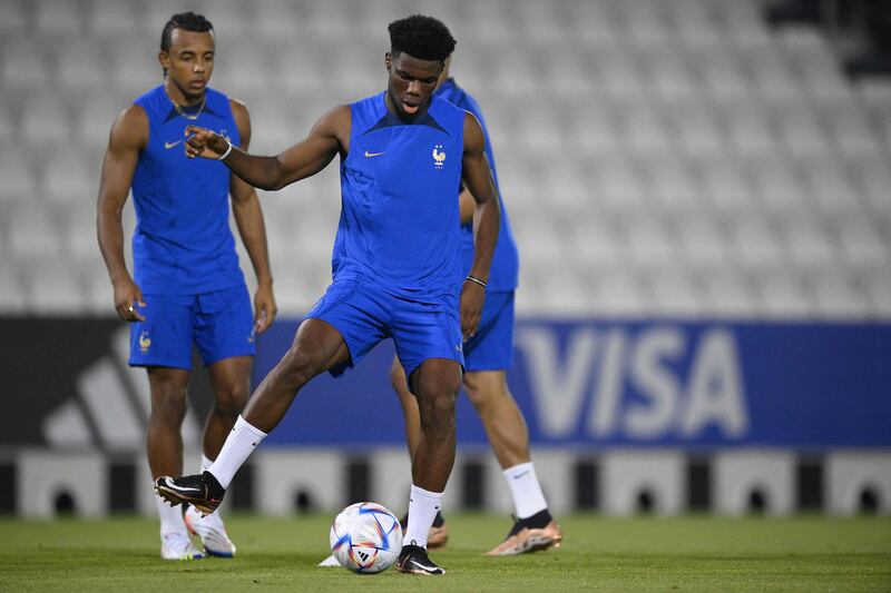 Aurelien Tchouameni takes part in a training session at Al Janoub Stadium. AFP