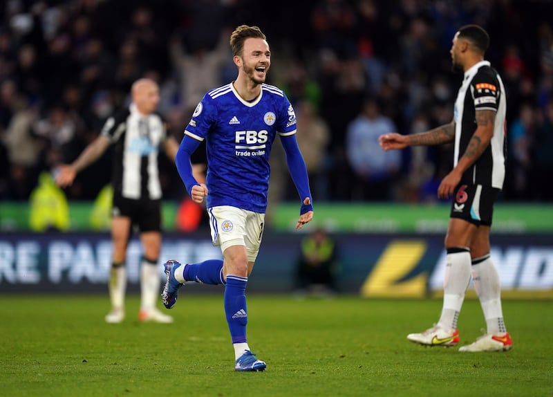 James Maddison celebrates after scoring Leicester City's fourth goal against Newcastle. AP