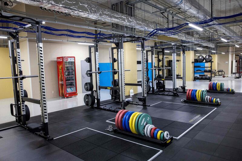 Weightlifting equipment at the fitness centre of the Olympic Village.