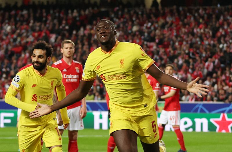 Liverpool's Ibrahima Konate celebrates giving his side the lead against Benfica in their Champions League quarter-final first leg in Lisbon.  Action Images