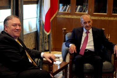 US Secretary of State Mike Pompeo meets Lebanese Parliament Speaker Nabih Berri in Beirut on March 22, 2019. AFP
