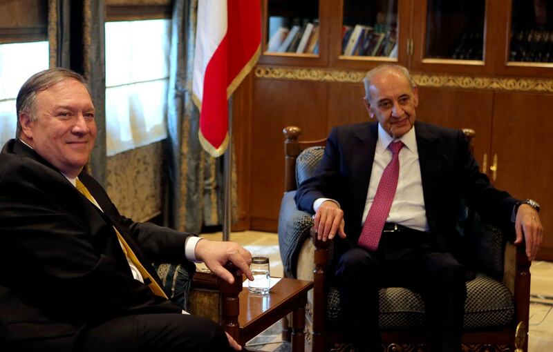 US Secretary of State Mike Pompeo (L) meets with Lebanese Parliament Speaker Nabih Berri (R) in Beirut on March 22, 2019. / AFP / Haitham MUSSAWI
