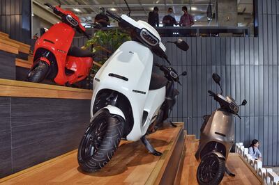 The new Ola electric scooters displayed at the Ola headquarters in Bengaluru in August 2021. AFP