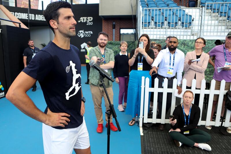 Novak Djokovic addresses the media following a practice session ahead of the Adelaide International. AP