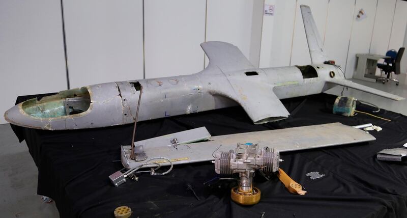 In this undated photograph obtained by The Associated Press, a UAV-X drone flown by Yemen's Houthi rebels is seen in Hodeida, Yemen. A Yemen rebel drone strike this week, likely by UAV-Xs, on a critical Saudi oil pipeline shows that the otherwise-peaceful sandy reaches of the Arabian Peninsula now are at risk of similar assault, including an under-construction nuclear power plant and Dubai International Airport, among the world's busiest. (AP Photo)