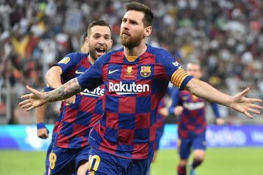 Barcelona's Argentine forward Lionel Messi celebrates his goal during the Spanish Super Cup semi final between Barcelona and Atletico Madrid on January 9, 2020, at the King Abdullah Sport City in the Saudi Arabian port city of Jeddah. The winner will face Real Madrid in the final on January 12. / AFP / FAYEZ NURELDINE