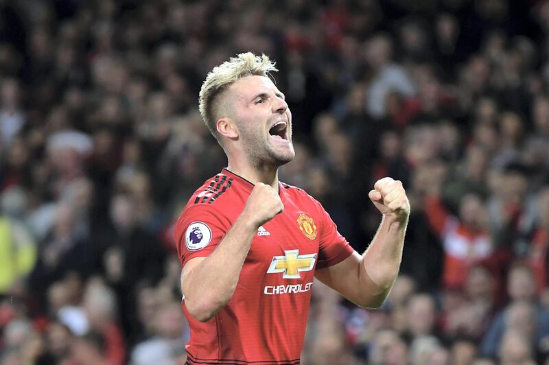 MANCHESTER, ENGLAND - AUGUST 10:  Luke Shaw of Manchester United celebrates after scoring his team's second goal during the Premier League match between Manchester United and Leicester City at Old Trafford on August 10, 2018 in Manchester, United Kingdom.  (Photo by Michael Regan/Getty Images)