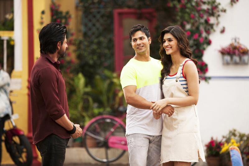 From left, Shah Rukh Khan as Raj, Varun Dhawan as Veer and Kriti Sanon as Ishita in Dilwale. Courtesy of Red Chillies