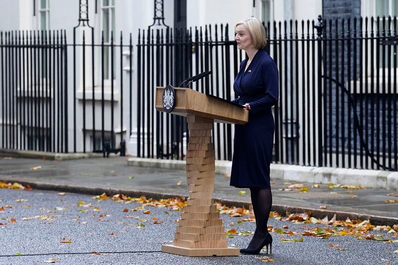 British Prime Minister Liz Truss announces her resignation, outside No 10 Downing Street, London. AP