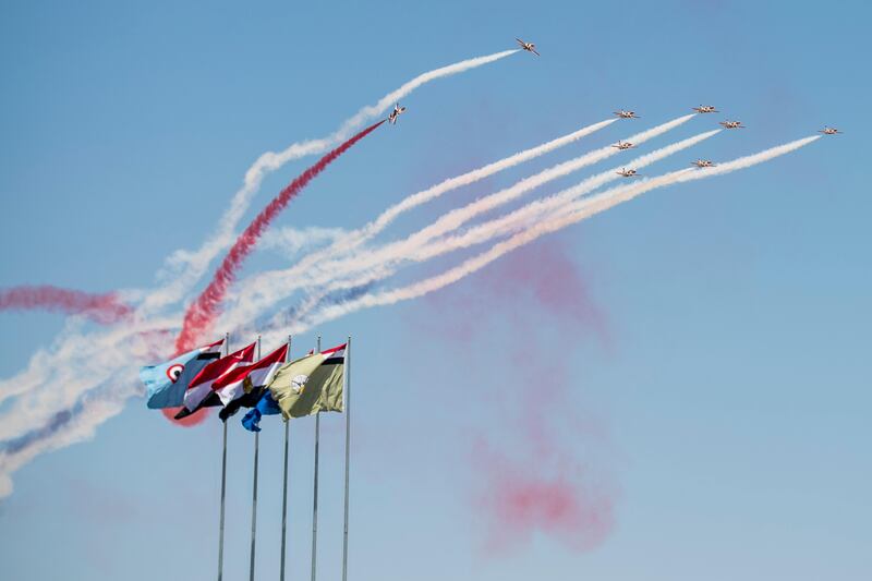 EL HAMAM, MATROUH GOVERNORATE, EGYPT - July 22, 2017: Members of the Egyptian Armed Forces, perform an aerobatic show during the inauguration of the Mohamed Naguib Military Base.

( Rashed Al Mansoori / Crown Prince Court - Abu Dhabi )
---