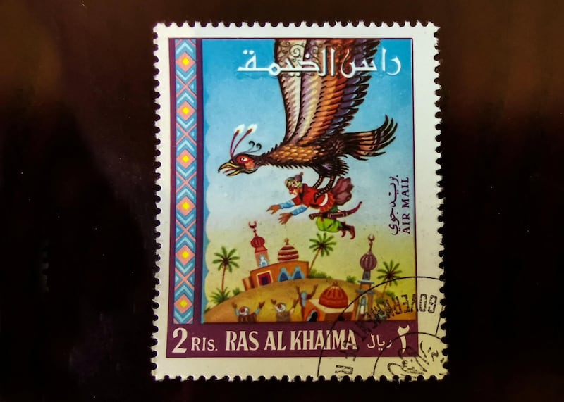 A stamp from the 1001 Night Stories series, issued in 1967, to reflect Sindbad, Ali Baba, Aladdin and the other folklore characters whom children grew up with. Courtesy Ritz-Carlton
