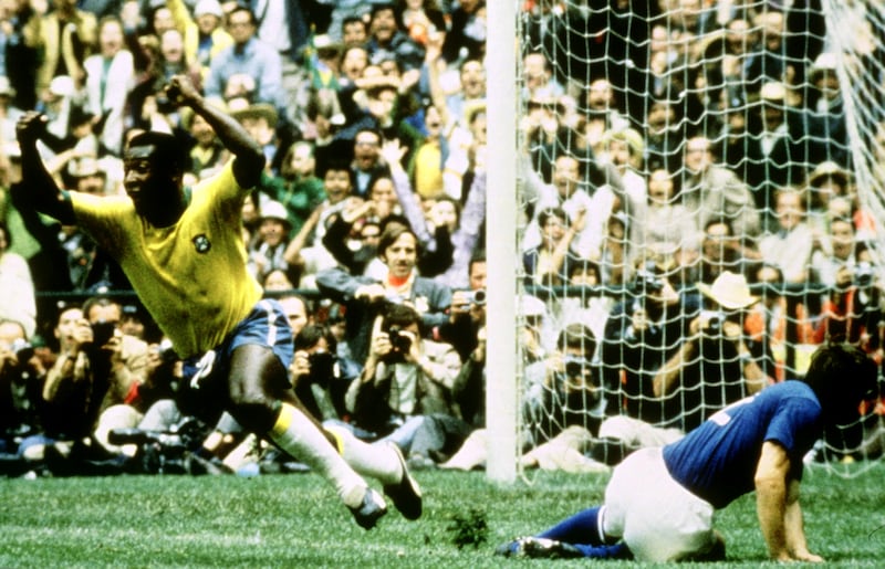 Brazil's Pele celebrates after scoring the opening goal against Italy in the 1970 World Cup final at the Azteca Stadium, Mexico City. Brazil would win the match 4-0 and lift the World Cup for a third time. Action Images