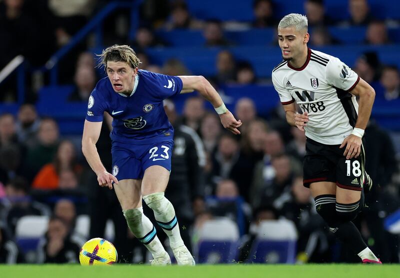 Conor Gallagher of Chelsea vies for the ball with Andreas Pereira  of Fulham. EPA