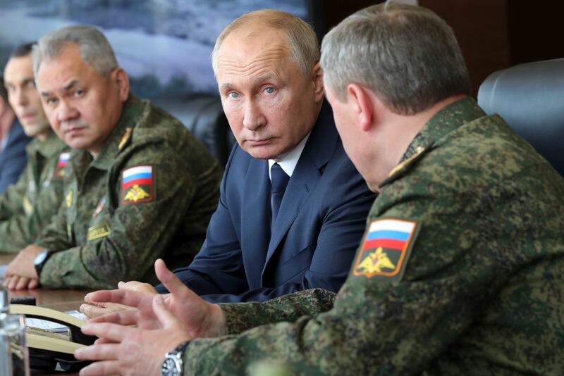 Russian President Vladimir Putin and Defence Minister Sergei Shoigu, left, in September 2020. AP