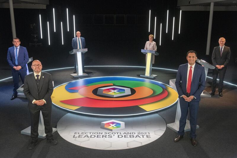 Nicola Sturgeon, Willie Rennie of Scottish Liberal Democrats, Anas Sarwar of Scottish Labour, Patrick Harvie of Scottish Green Party and Douglas Ross of Scottish Conservatives take part in a face off in the final TV debate in Edinburgh. Getty Images