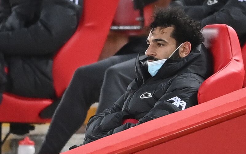 Liverpool's Mohamed Salah in the stands after being substituted during the match against Chelsea at Anfield. PA