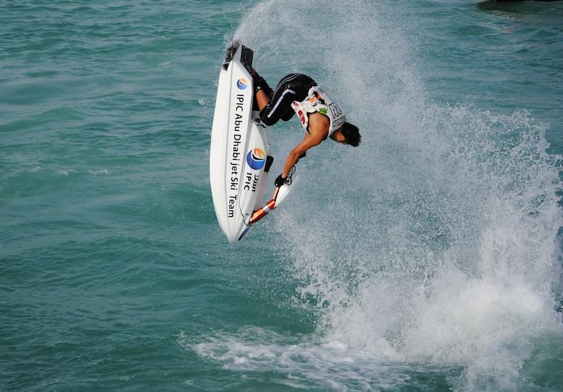 UAE champion Khalid Salem Al Qubaisi of the IPIC jet-ski team shows off his skills during a competition in Qatar this year. Courtesy IPIC jetski team