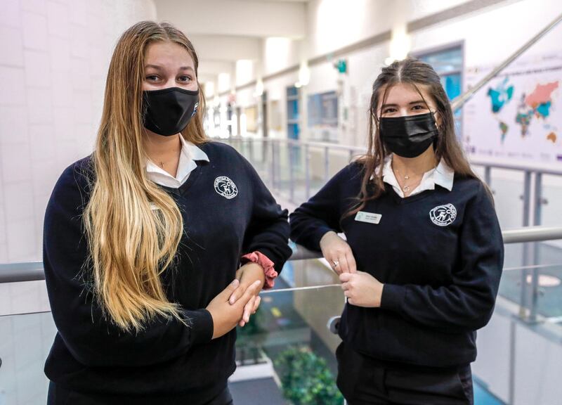 Abu Dhabi, United Arab Emirates, February 16, 2021.  Pupils return to school on Sunday at British School Al Khubairat.  --  Deputy Head Girls Alice Landerholm and Eleni Dodds.
Victor Besa/The National
Reporter:  Haneen Dajani
Section:  NA