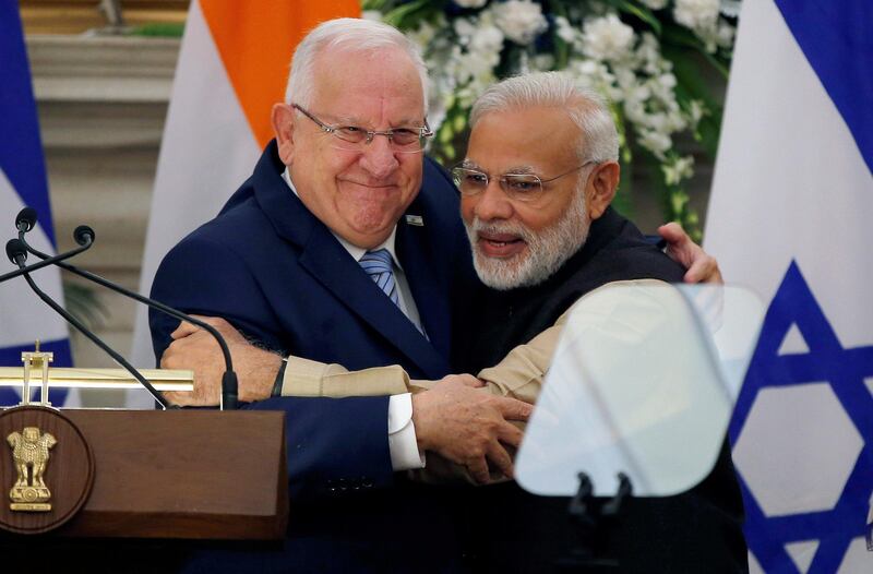 India's prime minister Narendra Modi (R) hugs Israeli president Reuven Rivlin after reading a joint statement at Hyderabad House in New Delhi on November 15, 2016. Adnan Abidi / Reuters