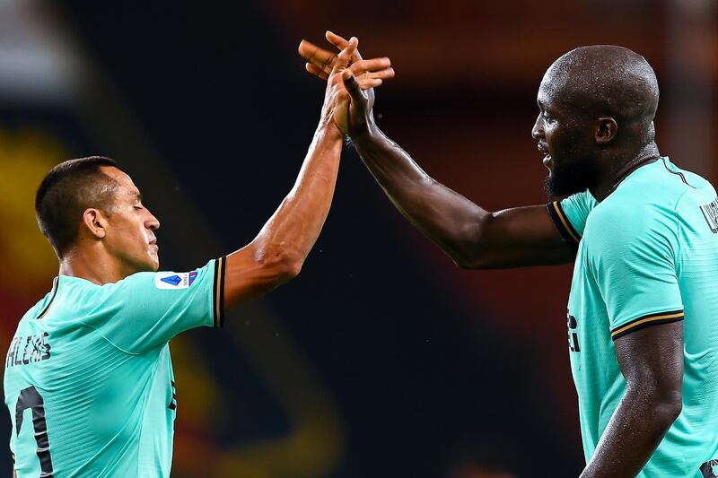 Alexis Sanchez and Romelu Lukaku celebrate a goal for Inter Milan. Getty Images