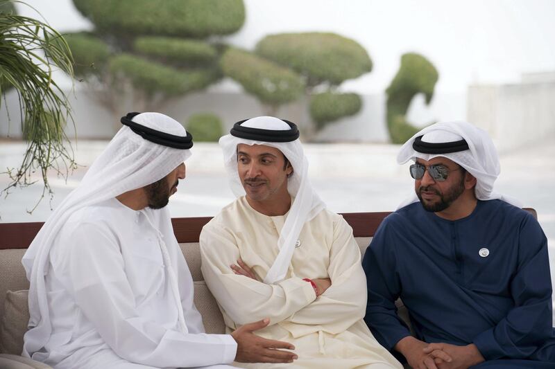 ABU DHABI, UNITED ARAB EMIRATES - February 11, 2019: HH Sheikh Abdullah bin Rashid Al Mu'alla, Deputy Ruler of Umm Al Quwain, HH Sheikh Hazza bin Zayed Al Nahyan, Vice Chairman of the Abu Dhabi Executive Council and HH Sheikh Hamdan bin Zayed Al Nahyan, Ruler’s Representative in Al Dhafra Region, attend a Sea Palace barza. 

( Ryan Carter / Ministry of Presidential Affairs )?
---