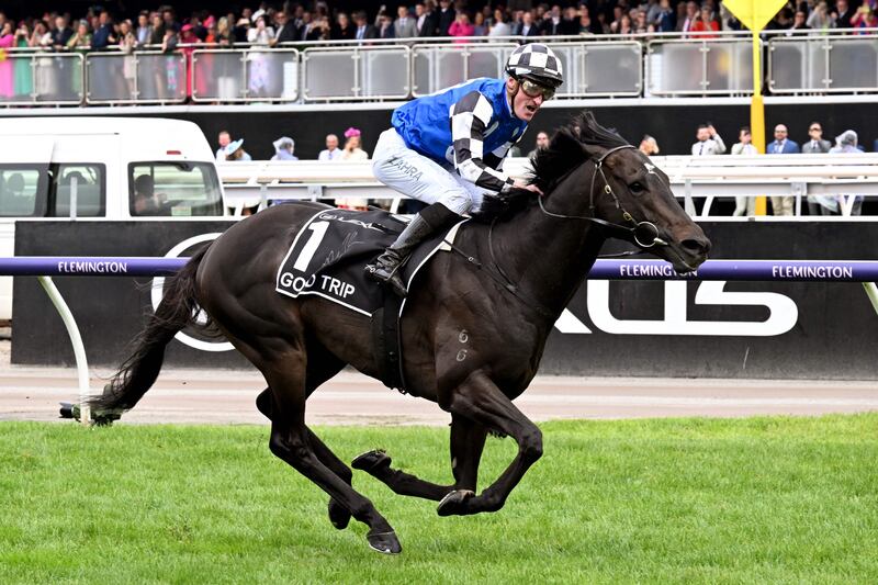 Gold Trip, ridden by Mark Zahra, crosses the line to win the Melbourne Cup horse race. AFP