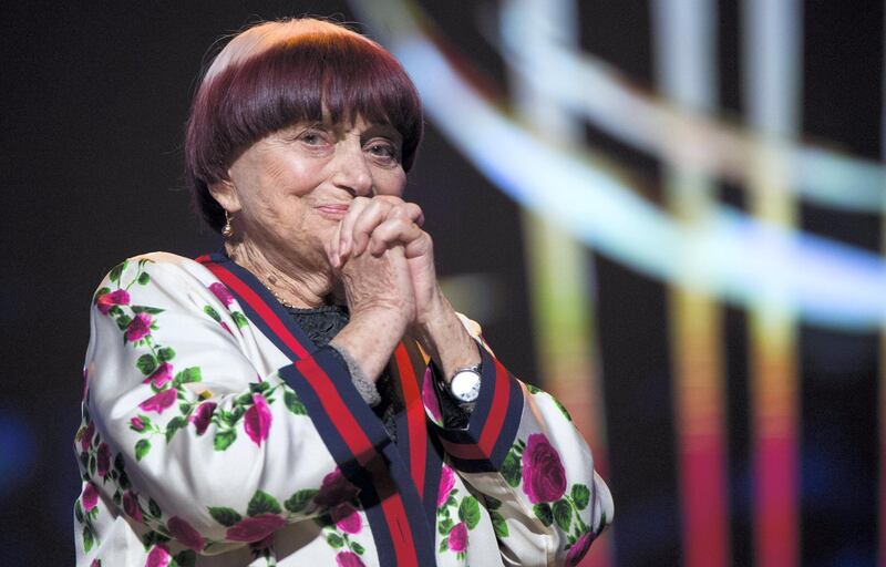 French film director Agnes Varda reacts as she receives a Honorary Award during the 17th Marrakech International Film Festival on December 2, 2018 (Photo by FADEL SENNA / AFP)