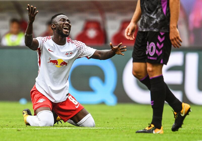 epa06166394 Leipzig's Naby Keita reacts during the German Bundesliga soccer match between RB Leipzig and SC Freiburg in Leipzig, Germany, 27 August 2017.  EPA/FILIP SINGER EMBARGO CONDITIONS - ATTENTION: Due to the accreditation guidelines, the DFL only permits the publication and utilisation of up to 15 pictures per match on the internet and in online media during the match.
