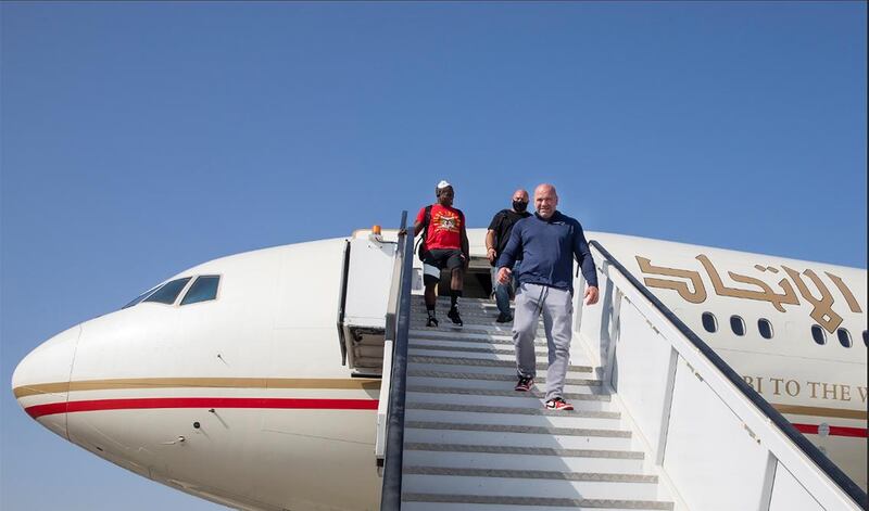 Etihad Airways flight arrives from Las Vegas with UFC President Dana White. Courtesy Etihad