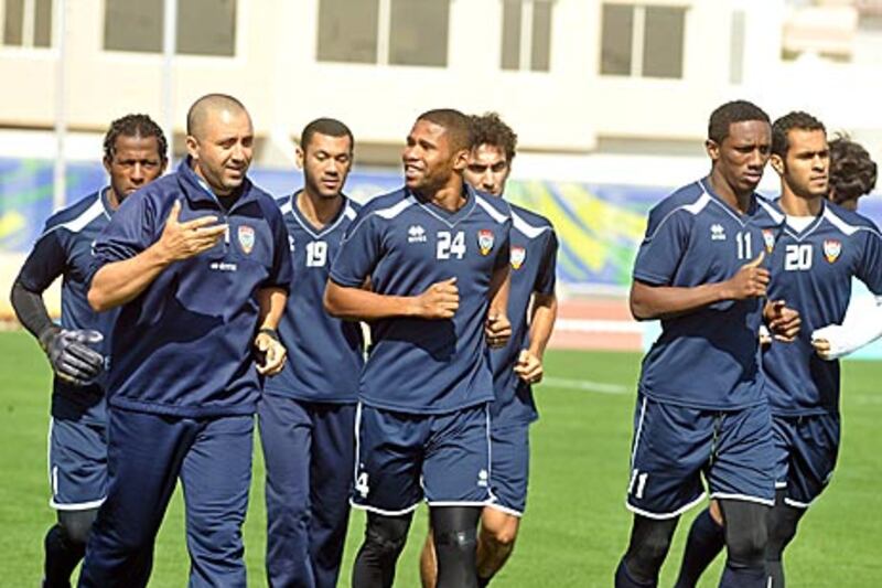 The UAE squad in training in Doha yesterday.