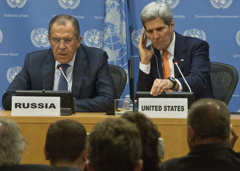 Russian Foreign Minister Sergey Lavrov, left, and U.S. Secretary of State John Kerry hold a press conference after a UN vote on Syria (AP Photo/Bebeto Matthews)