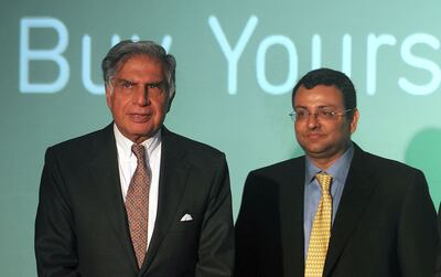 Ratan Tata, left, the figure from the Tata dynasty at the helm of the group once again, and Cyrus Mistry, who resigned from the group and is launching legal action against his former employer. Punit Paranjpe / AFP 