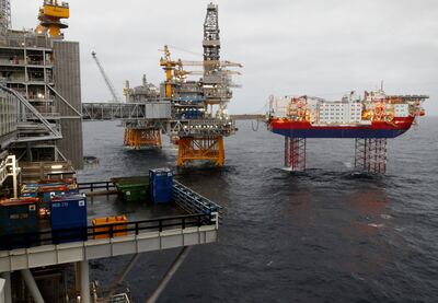 Equinor's Johan Sverdrup oilfield platforms and accommodation jack-up rig Haven in the North Sea. Reuters