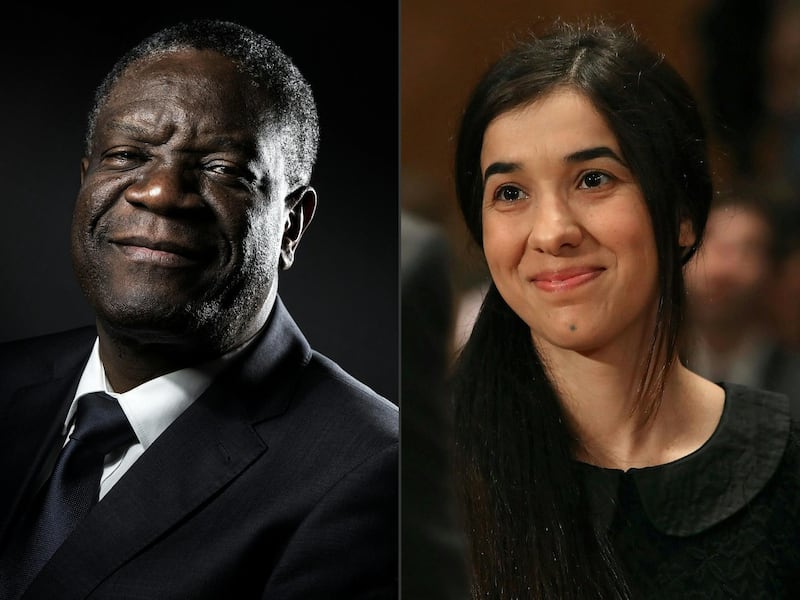 TOPSHOT - (COMBO) This combination created on October 5, 2018 of file pictures shows Congolese gynecologist Denis Mukwege (October 24, 2016 in Paris) and Nadia Murad, public advocate for the Yazidi community in Iraq and survivor of sexual enslavement by the Islamic State jihadists (June 21, 2016 in Washington, DC). Congolese doctor Denis Mukwege and Yazidi rape victim Nadia Murad won the 2018 Nobel Peace Prize on October 5, 2018 for their work in fighting sexual violence in conflicts around the world. / AFP / GETTY IMAGES NORTH AMERICA / JOEL SAGET AND MARK WILSON
