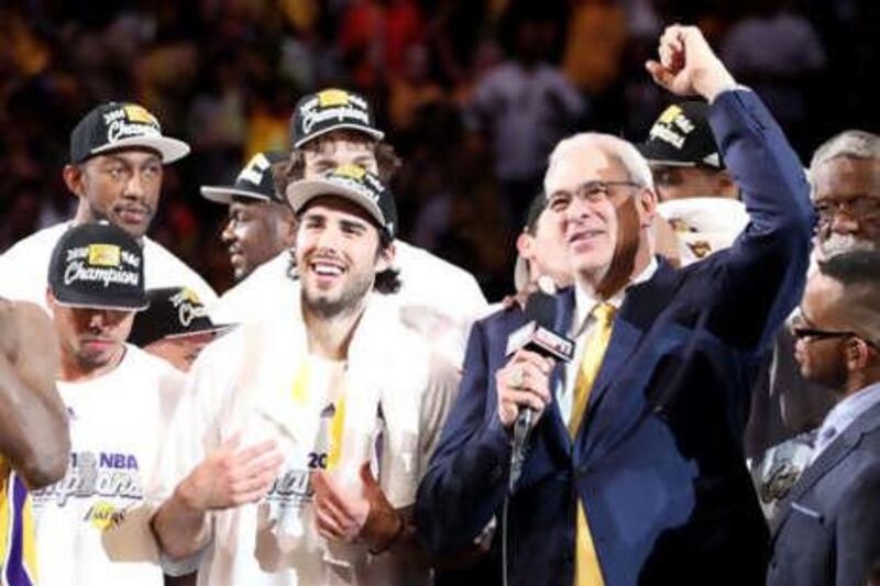 Head coach Phil Jackson of the Los Angeles Lakers celebrates after the Lakers defeated the Boston Celtics in Game Seven of the 2010 NBA Finals at Staples Center on Thursday, June 17, 2010 in Los Angeles, California.