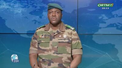 Col Abdoulaye Maiga on television on July 31 warning against military intervention to restore Niger's deposed President Mohamed Bazoum. AFP