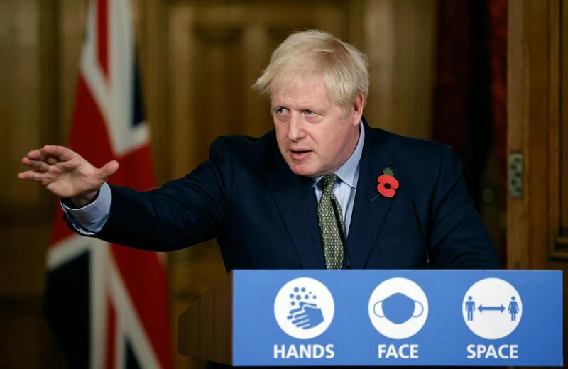 Britain's Prime Minister Boris Johnson during a press conference on the coronavirus pandemic at 10 Downing Street in central London. AP Photo