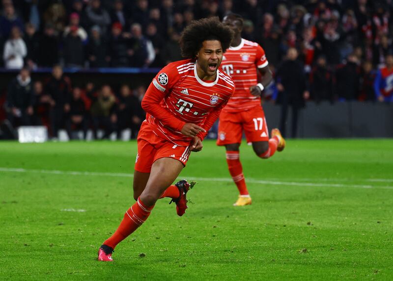 Substitute Serge Gnabry celebrates scoring Bayern's second goal. Reuters