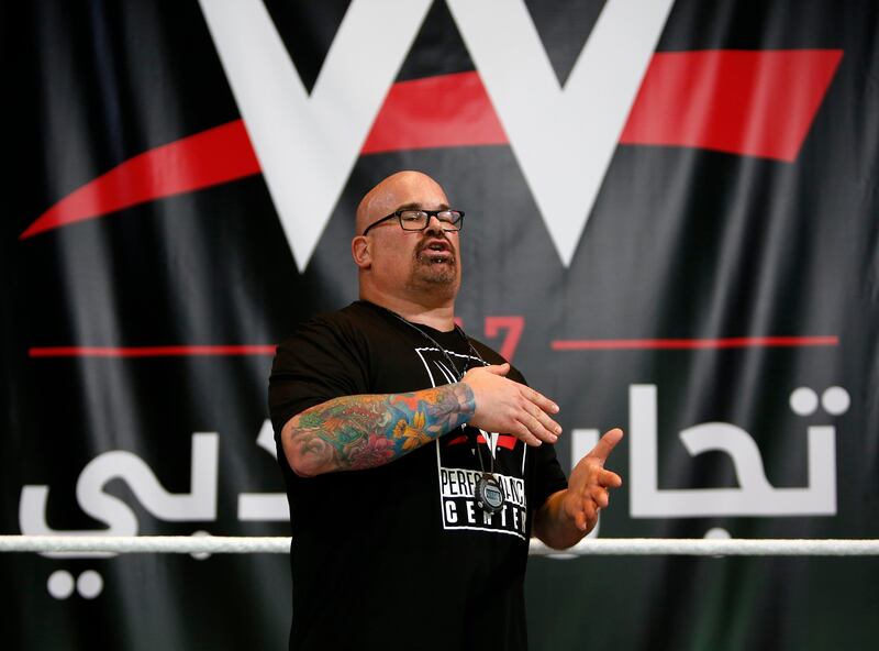 Dubai, United Arab Emirates, April 27, 2017: Head coach and former wrestler Matt Bloom during the WWE trials to give potential new wrestlers the chance to tryout for the company. on Thursday, April. 27, 2017, at the Dubai Opera House in Dubai. Chris Whiteoak for The National *** Local Caption ***  CW_2704_WWEDubaiTryouts_16.JPG