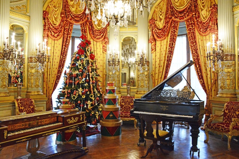 The family music room’s gilt coffered ceiling is lined with silver and gold and bears the inscription: chanson, musique, harmonie et la mélodie, French for song, music, harmony and melody. It is where the family hosted dancing and recitals and boasts two pianos, one of them a Second Empire French mahogany ormolu mounted piano, which was reportedly played by Mrs. Vanderbilt while Cornelius accompanied her on violin.  

Photo courtesy the Preservation Society of Newport County