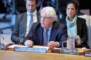 UN envoy for Yemen Martin Griffiths speaks at the UN Security Council. AFP