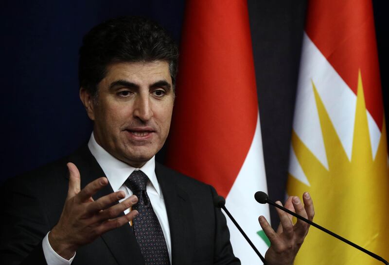 Nechirvan Barzani, prime minister of Iraq's Kurdistan Regional Government (KRG), speaks during a press conference in the northern Iraqi city of Arbil, the capital of the autonomous Kurdistan region, on November 6, 2017. / AFP PHOTO / SAFIN HAMED