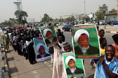 In this file photo taken on January 22, 2019 members of Islamic Movement in Nigeria take part in a demonstration against the detention of their leader Ibrahim Zakzaky, in Abuja. AFP