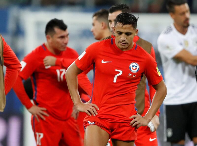 Alexis Sanchez looks dejected after his Chile team lost the Confederations Cup final to Germany at Saint Petersburg Stadium, St. Petersburg, Russia on Sunday, July 2, 2017.