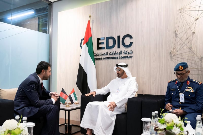 ABU DHABI, UNITED ARAB EMIRATES - February 20, 2019: HH Sheikh Mohamed bin Zayed Al Nahyan, Crown Prince of Abu Dhabi and Deputy Supreme Commander of the UAE Armed Forces (2nd R) meets HE Asadullah Khalid, Minister of Defense of Afghanistan (L), during the 2019 International Defence Exhibition and Conference (IDEX), at Abu Dhabi National Exhibition Centre (ADNEC). Seen with HE Major General Essa Saif Al Mazrouei, Deputy Chief of Staff of the UAE Armed Forces (R).
( Ryan Carter for the Ministry of Presidential Affairs )
---