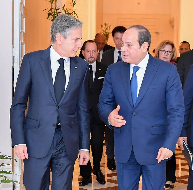 Anthony Blinken and Egypt’s President Abdel Fattah El Sisis discussed Cairo’s regional role as well as bilateral development and human rights in talks on Monday. EPA / Egyptian Presidency handout