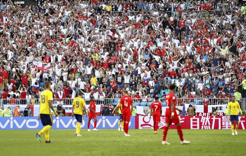 SAMARA, RUSSIA - JULY 07:  General view inside the stadium as England fans show their support during the 2018 FIFA World Cup Russia Quarter Final match between Sweden and England at Samara Arena on July 7, 2018 in Samara, Russia.  (Photo by Ryan Pierse/Getty Images)