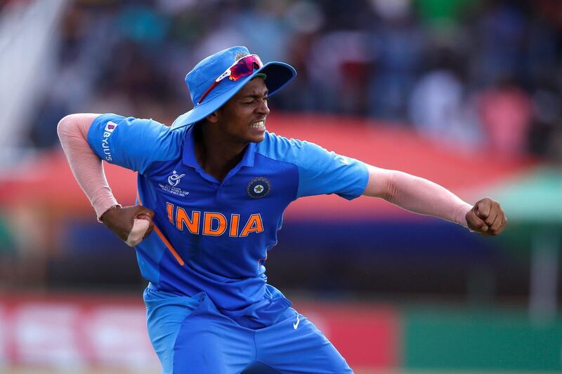 India's Yashasvi Jaiswal celebrates after catching out Bangladesh's Shamim Hossain from a ball delivered by India's Sushant Mishra during the ICC Under-19 World Cup cricket finals between India and Bangladesh at the Senwes Park, in Potchefstroom, on February 9, 2020. (Photo by MICHELE SPATARI / AFP)